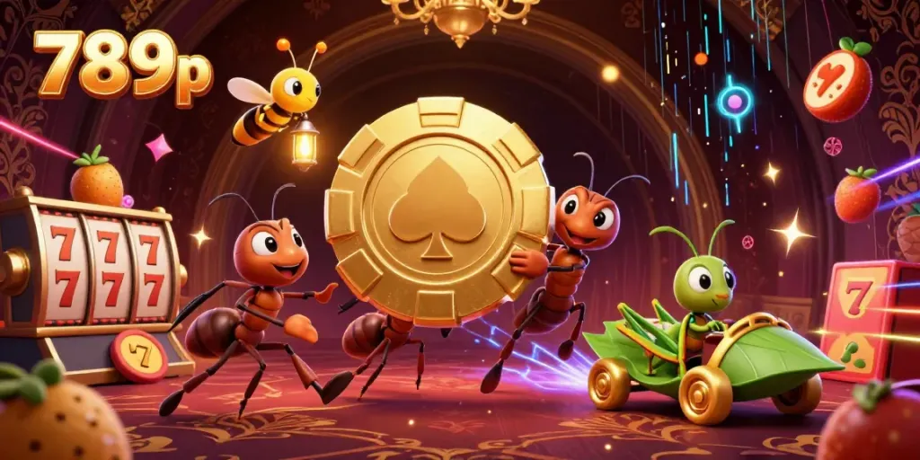Engage with the vibrant heist scene featuring ants carrying a huge poker chip in the world of 789p online casino.