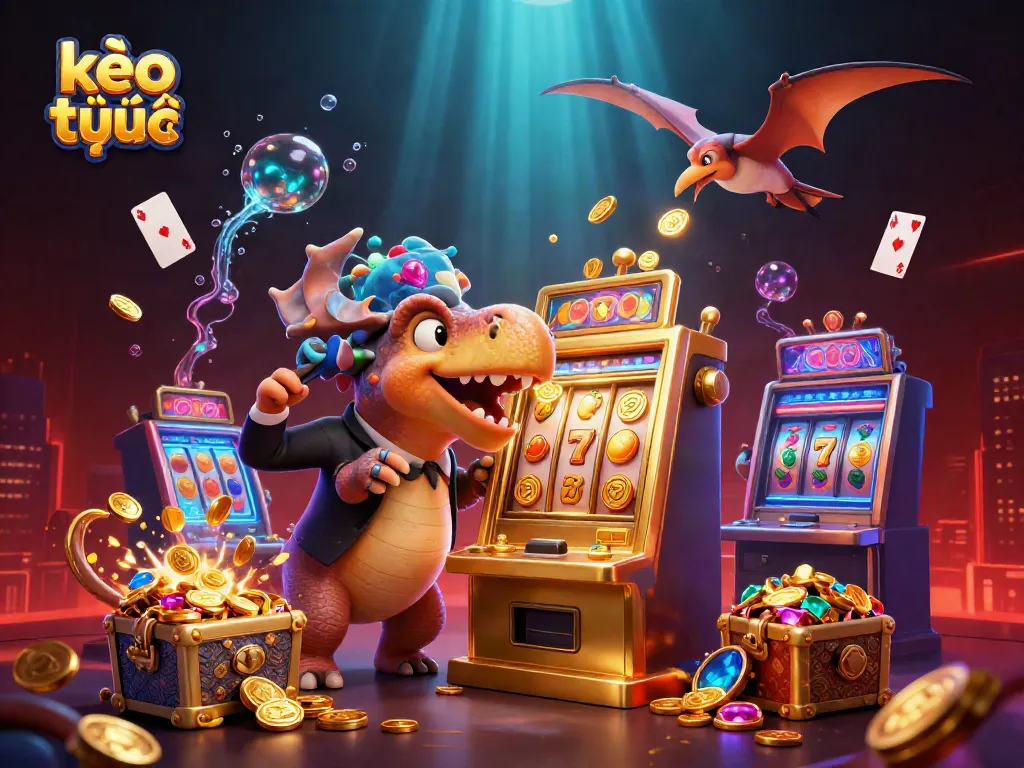 Play kèo trực tuyến with fun and excitement as cartoon dinosaurs interact in a vibrant casino scene.