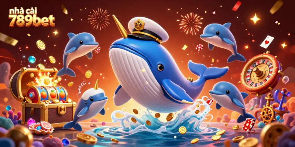 Engage with the vibrant underwater scene showcasing nhà cái 789bet's dynamic gaming elements, featuring lucky fruits and casino games.