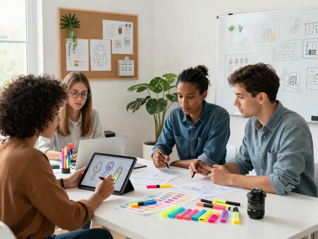 Highlighter manufacturer team collaborating on colorful designs in a modern office.