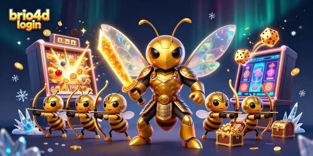 Engage in action with brio4d login through an exciting scene filled with slot machines, golden treasures, and dynamic characters.