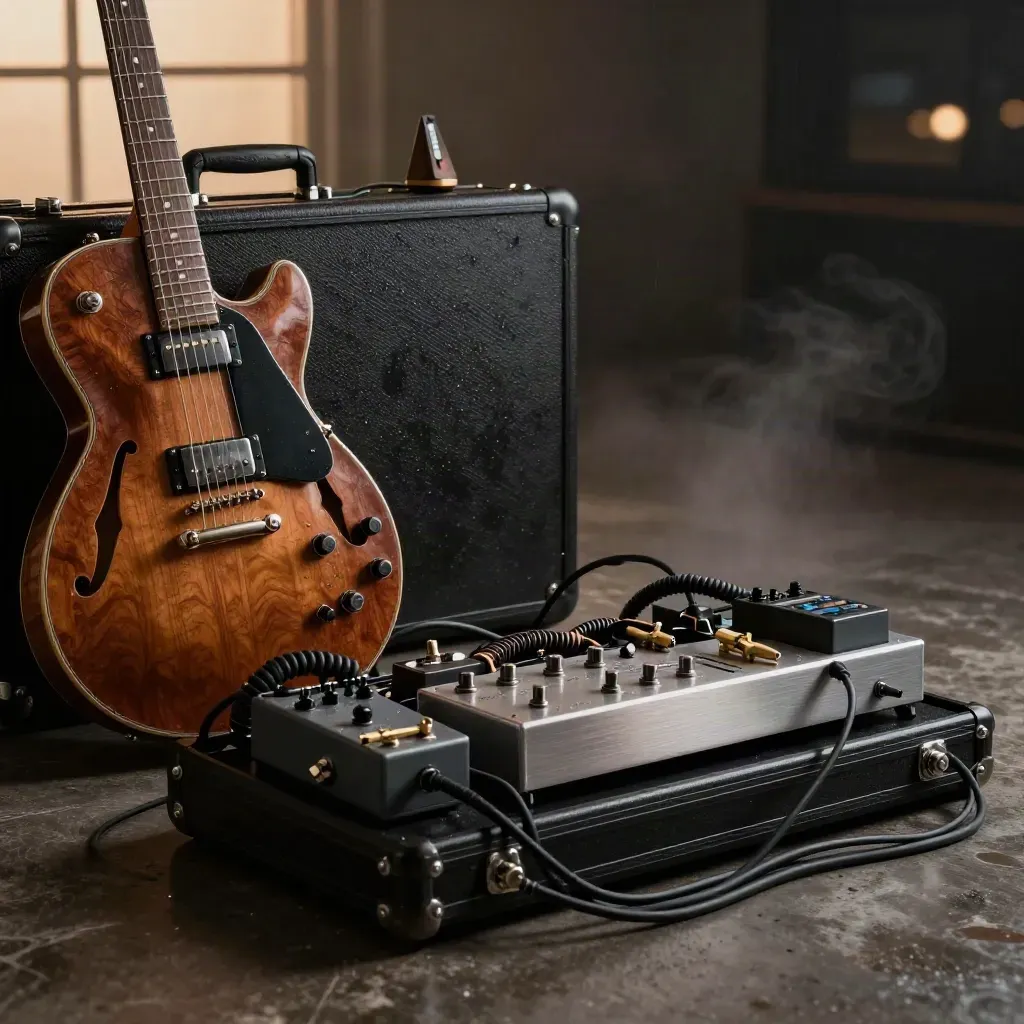 Semi-hollow guitar, loop pedal, cables, capo, and metronome on a rain-speckled studio road case.