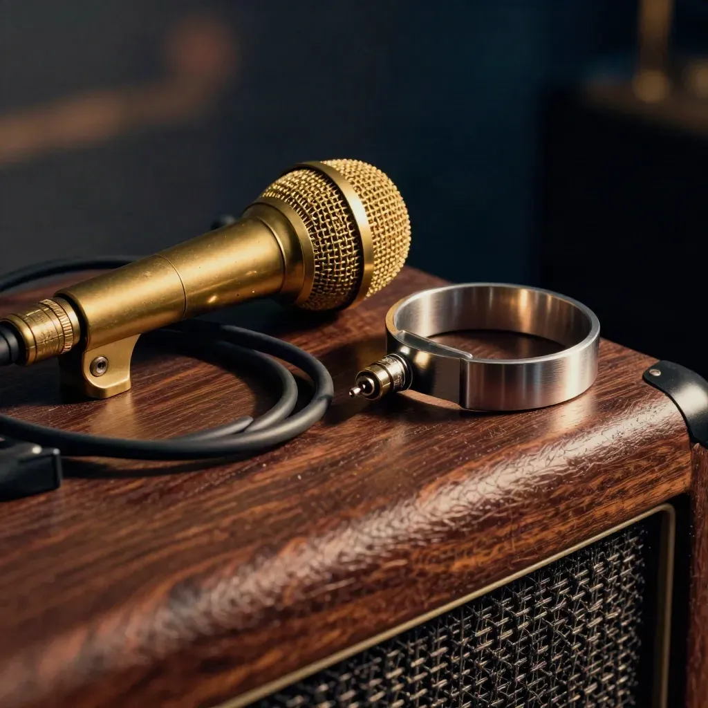 Brass microphone, coiled cable, and capo on a walnut amp cabinet in warm studio light.