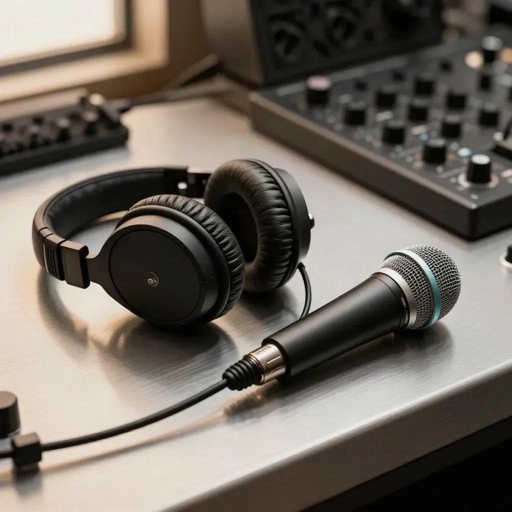 Headphones, talkback mic and patch cables on brushed aluminum with dark studio bokeh.