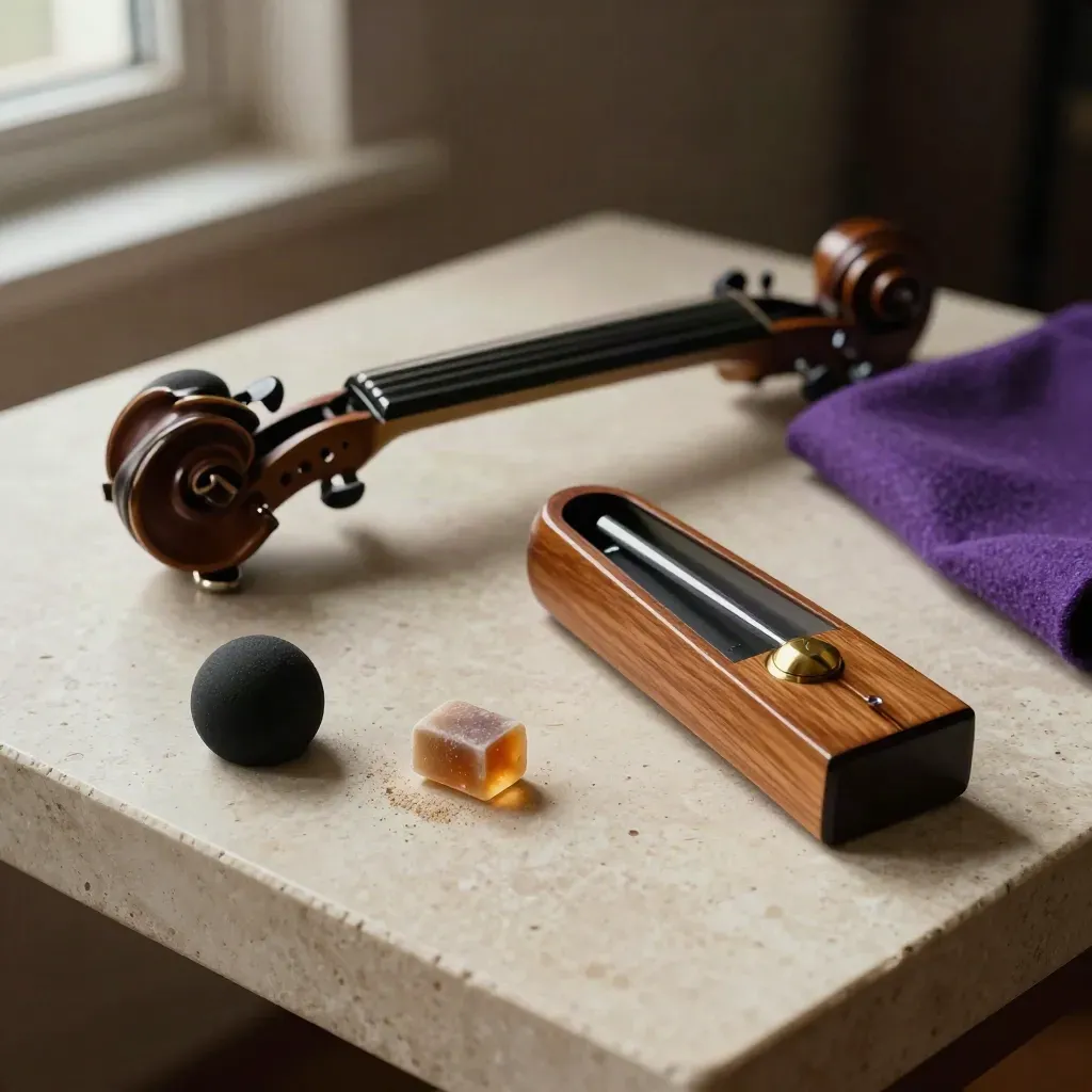 Violin practice kit on stone with metronome, rosin, mute, and shoulder rest in soft light.