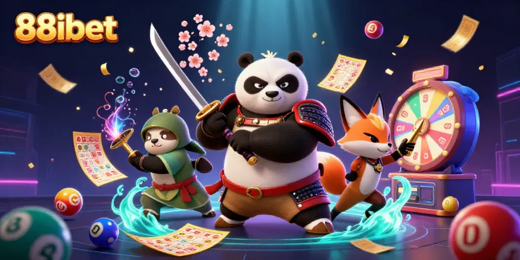 Engage with the vibrant world of 88ibet through an exciting 3D scene of a samurai panda, ninja fox, and magic tanuki.