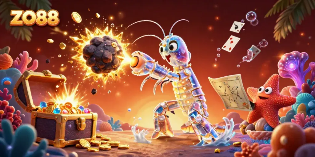 ZO88 galactic samurai mantis shrimp battles an asteroid, unleashing treasure in a vibrant casino-themed scene.
