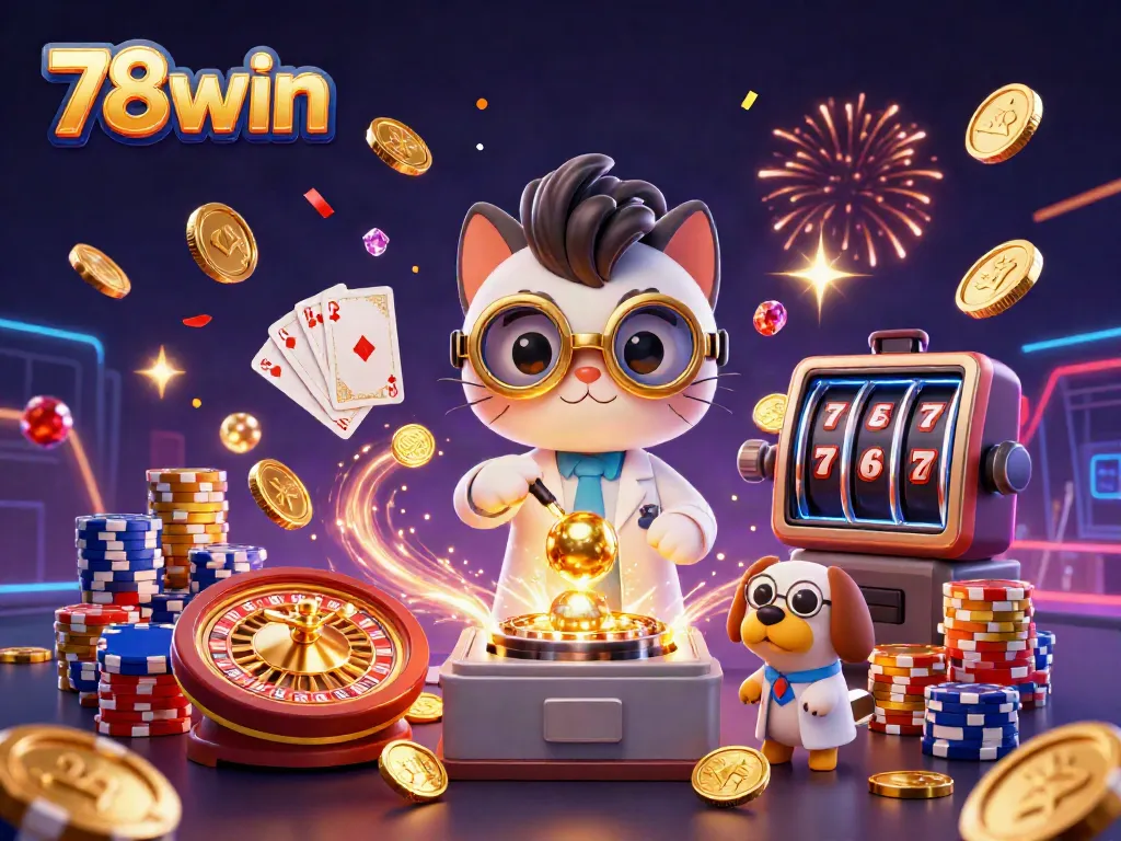 Experience thrilling play at 78win with golden coins cascading and science-inspired elements in a dynamic casino scene.