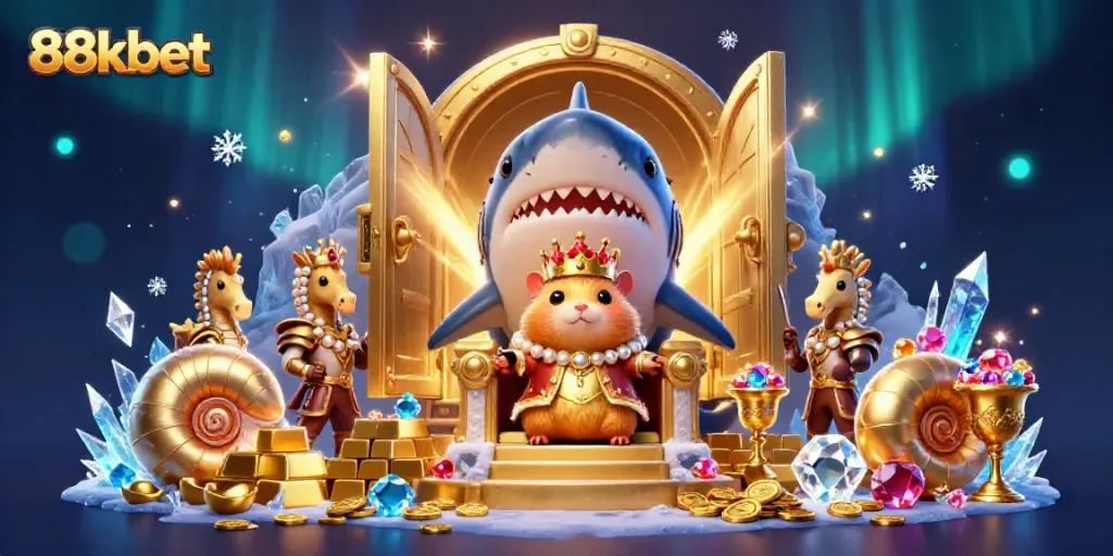 Engage with 88kbet's vibrant casino scene showcasing a golden hamster king on a megalodon throne.