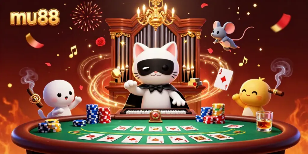 Experience the excitement of mu88 with a dynamic casino scene featuring a charming cat, casino elements, and vibrant effects.