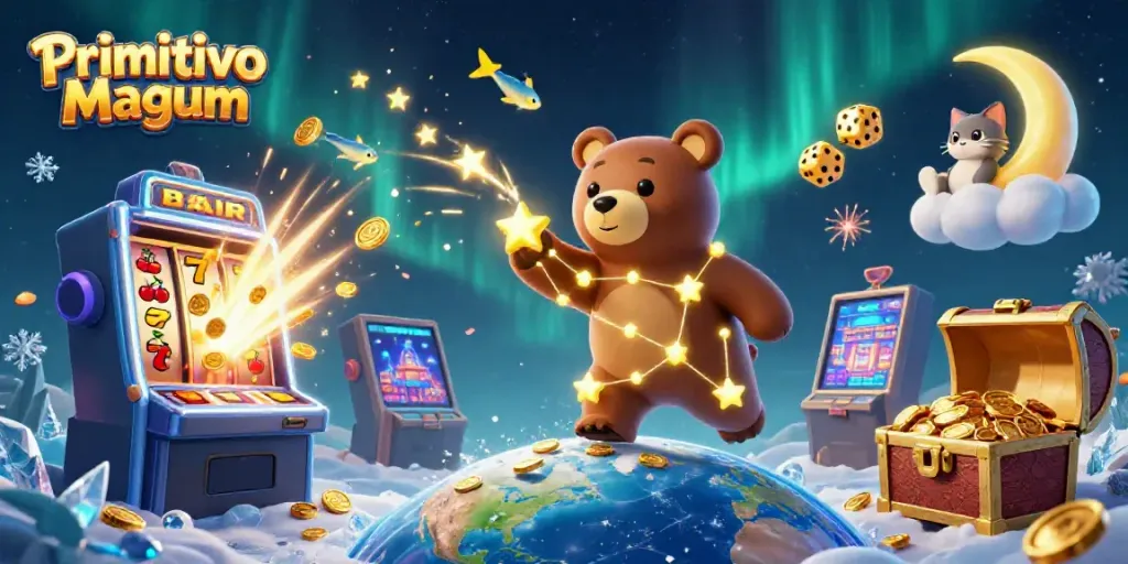 Experience the excitement of Primitivo Magnum with bursting jackpots and vibrant casino elements in this engaging 3D scene.