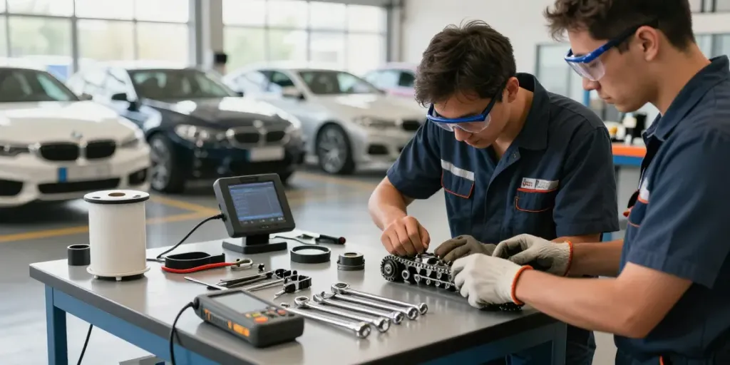 BMW Steuerkette in Hannover: Mechaniker inspiziert Motor in Werkstatt.
