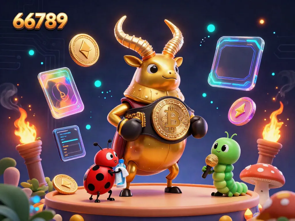 Engage with the thrilling online gaming atmosphere of 66789 featuring a golden stag beetle champion and crypto elements.