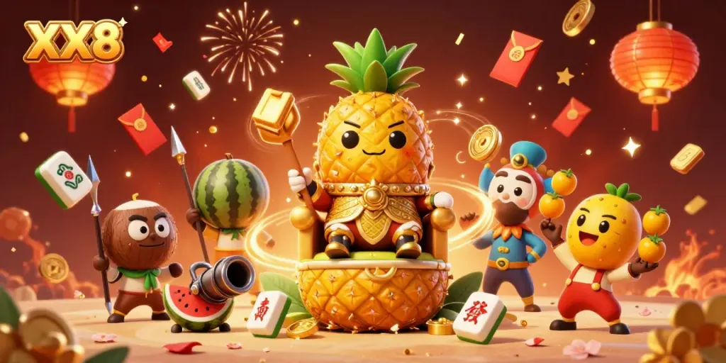 Experience winning thrills with XX8 in a vibrant casino scene featuring cartoon characters.