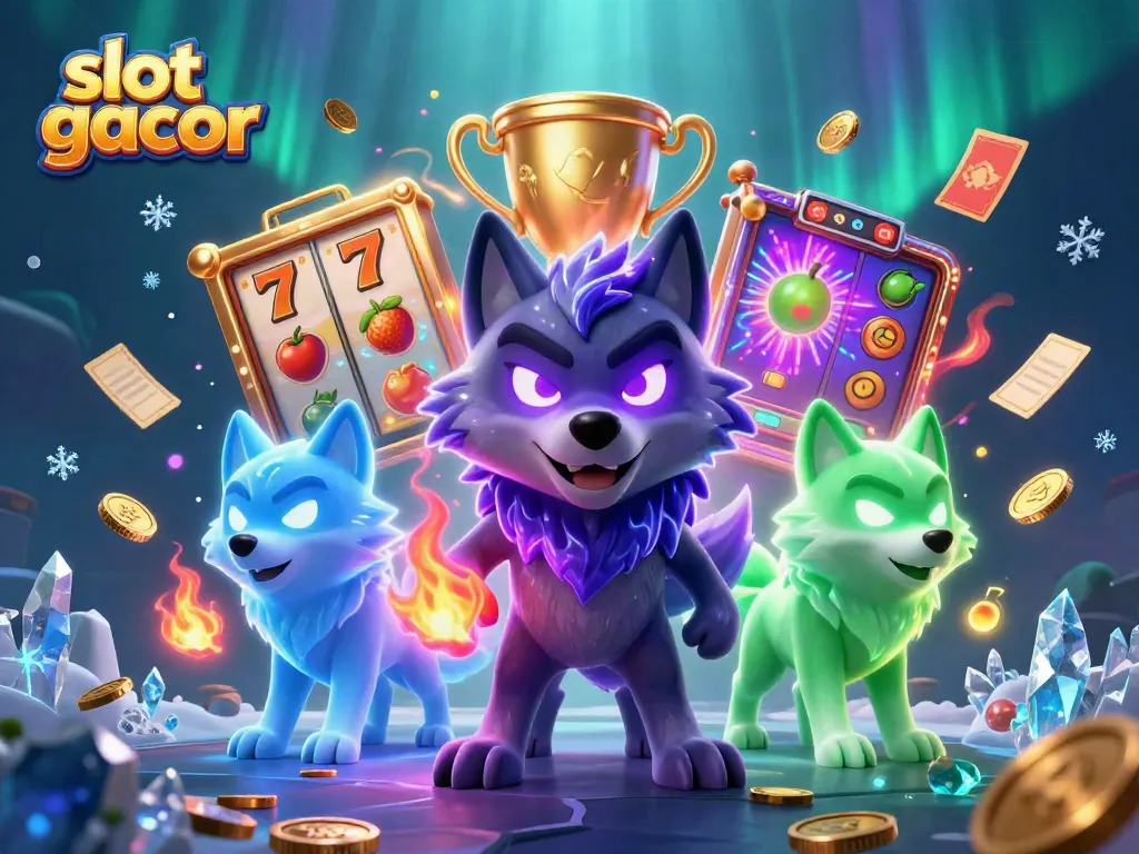 Experience slot gacor excitement with a dynamic illustration of spectral wolves surrounded by slot game elements.
