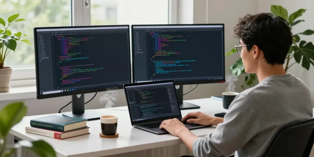 Dynamic workspace with developer coding in Notepad++ at https://notepad-app.co/ showcasing modern tech elements.