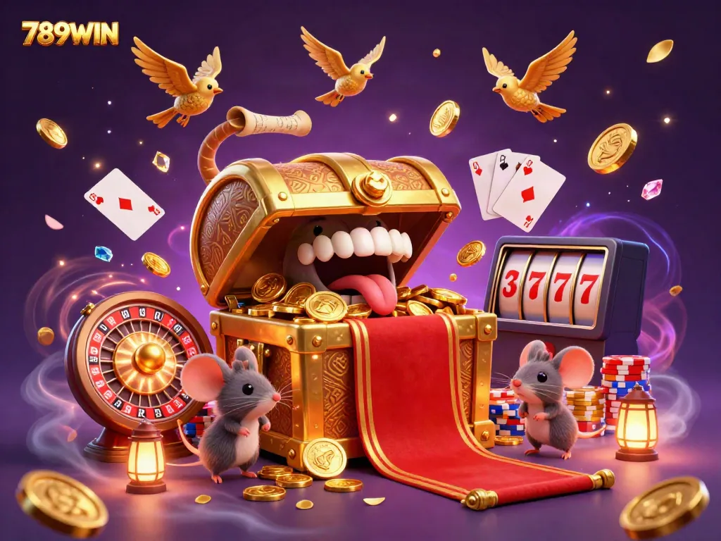 Experience the excitement of 789WIN in a vibrant casino scene with golden treasures and dynamic gameplay elements.