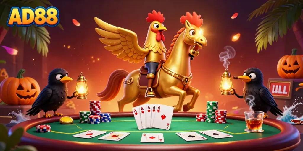 Play poker at AD88 while enjoying a vibrant casino atmosphere filled with golden characters and dramatic elements.