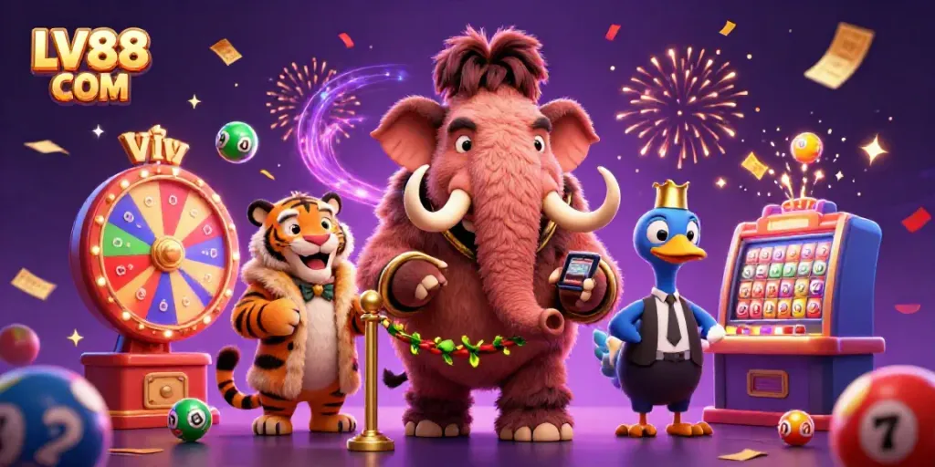 Win big at LV88 COM with a lively casino scene featuring unique characters and energetic visuals.