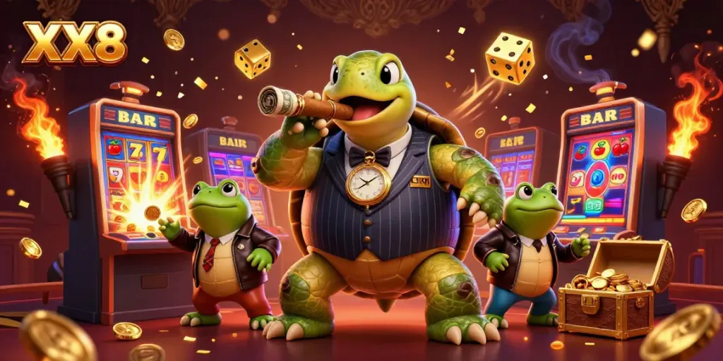 Join the casino excitement with XX8's vibrant slot scene featuring 3D characters and dynamic game elements.