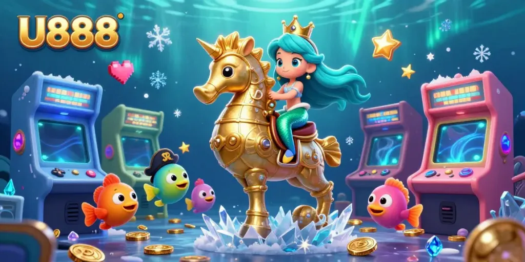 Experience the vibrant U888 gaming world with the mermaid princess and a seahorse amidst colorful gambling elements.
