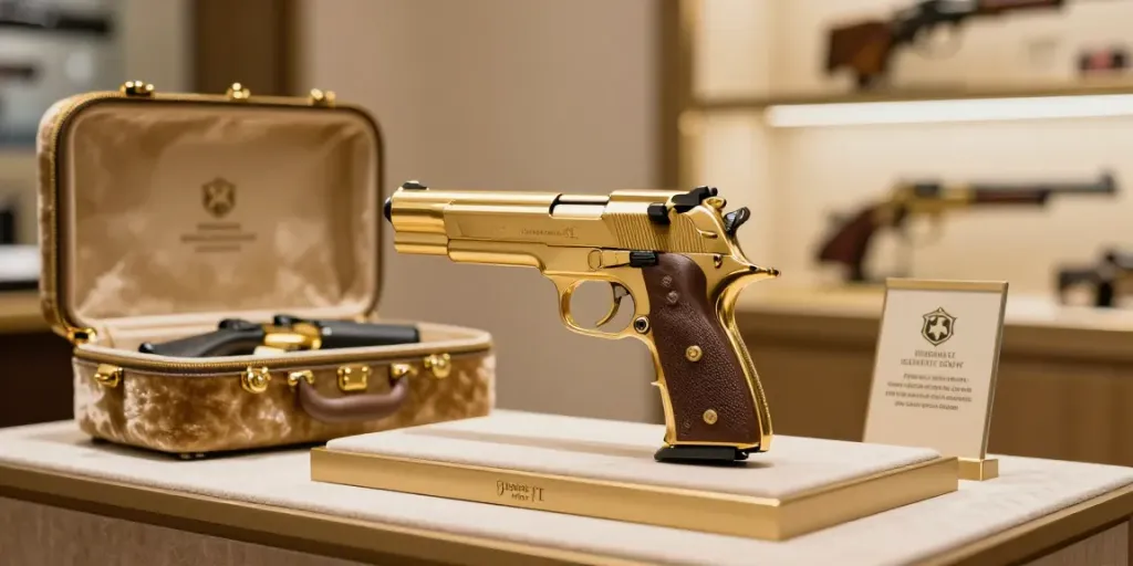 Gold Desert Eagle price showcased in a luxurious e-commerce setting with a premium lifestyle emphasis on online shopping.