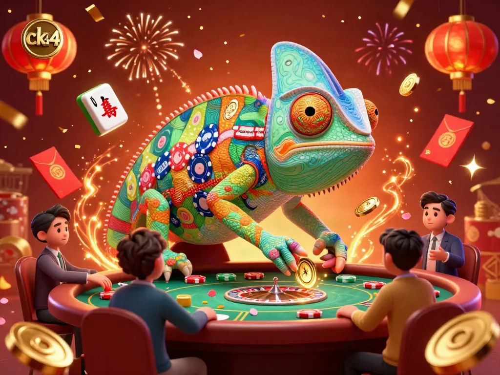 Experience thrilling gameplay with ck44's vibrant casino scene featuring a chameleon casino owner and floating game elements.