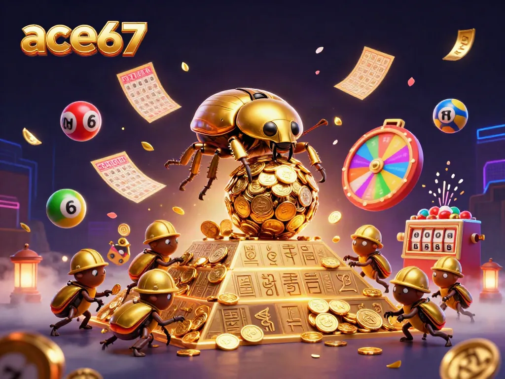 Experience thrilling gameplay with ace67 through dynamic lottery balls and golden beetles in a vibrant casino scene.