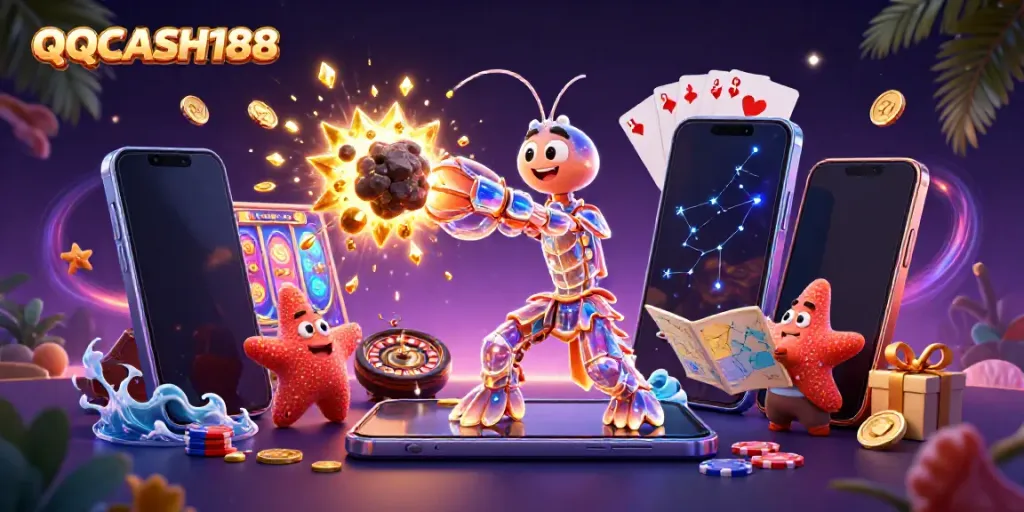 Experience thrilling gameplay with QQCASH188, featuring an exploding asteroid showering golden gems and casino games.