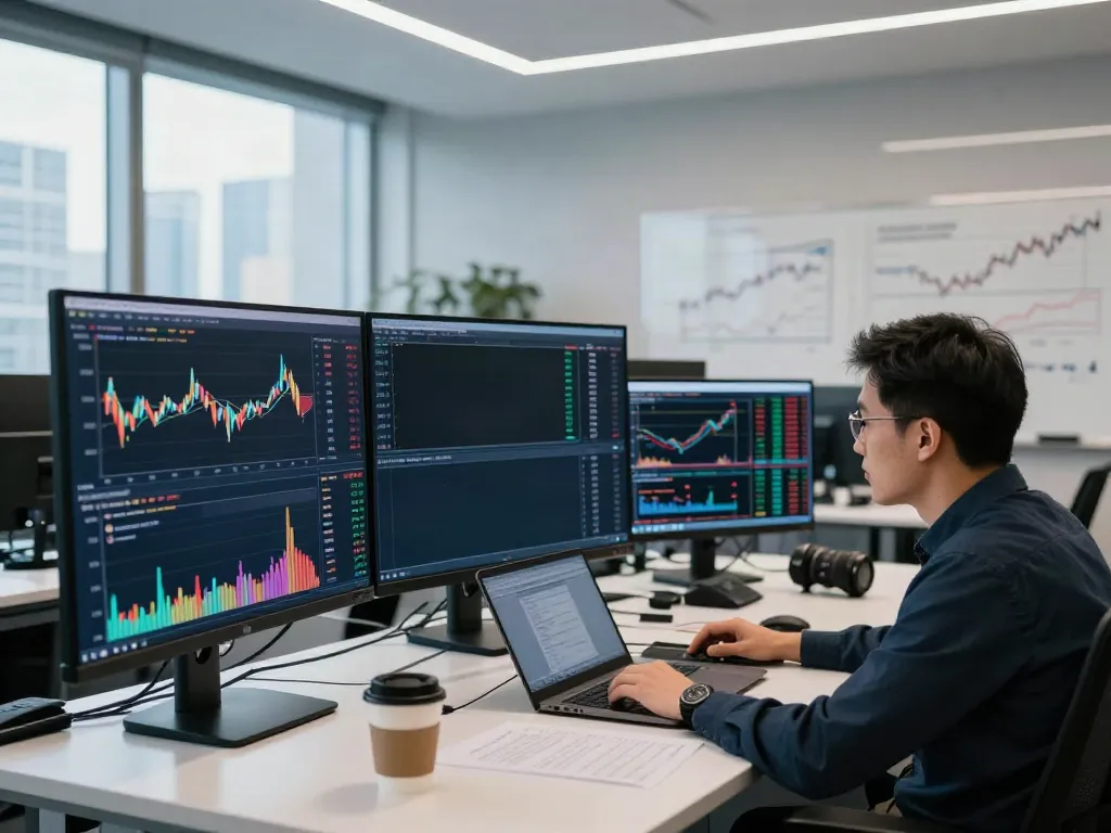 TradingView interface displayed on multiple screens in a modern trading room.