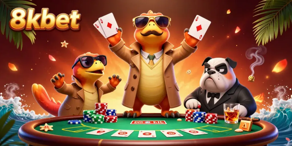 Experience the thrill of 8xbet as raptors sneak into a VIP casino lounge in a humorous scene.