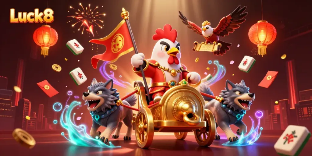 Luck8 offers thrilling gameplay with a dynamic scene featuring a rooster warlord and gold motifs.