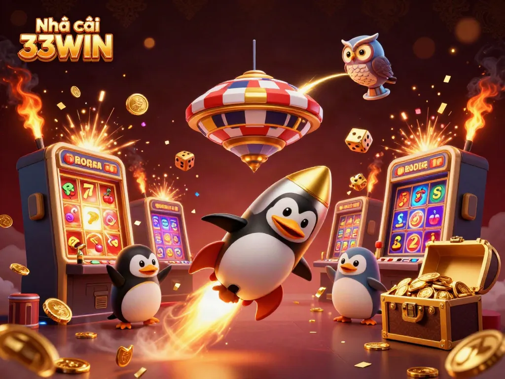 Experience the excitement of Nhà cái 33WIN with a golden penguin racing to a casino space station amid a jackpot explosion.