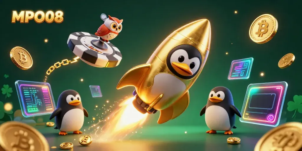 Experience vibrant gaming energy with MPO08, featuring a golden penguin and cryptocurrency elements.
