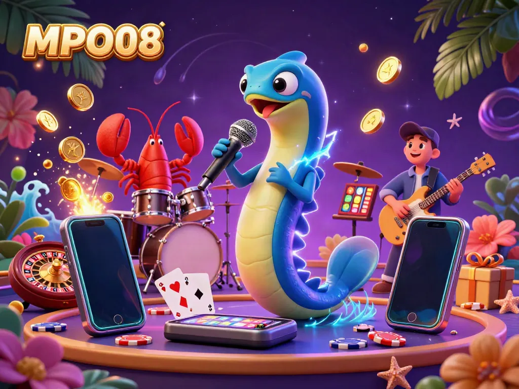 MPO08 electric eel DJ entertains in an underwater casino with vibrant slot games and energetic backup band.