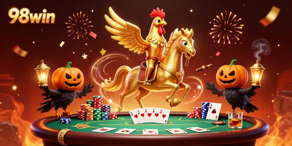 Experience thrilling action at 98win, featuring a golden rooster in a casino setting.