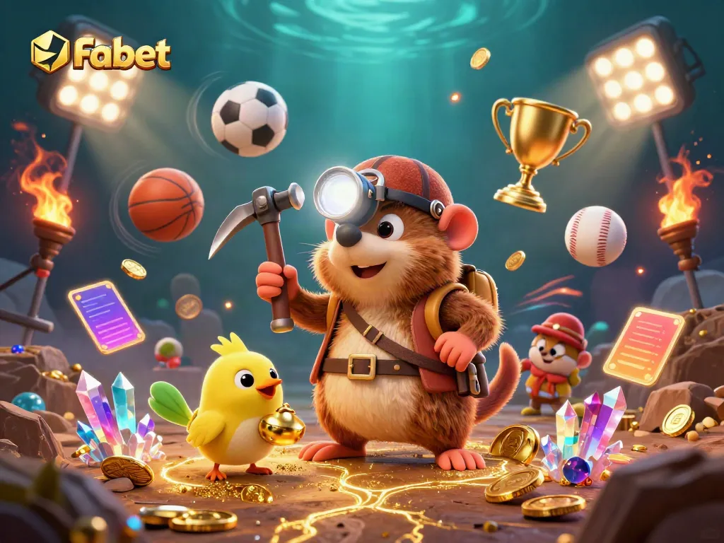 Fabet sports betting scene featuring a treasure hunter mole in a vibrant gambling cave with sports themes.