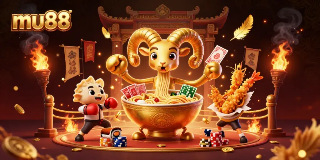 Engage with mu88's spectacular gaming experience featuring characters like a golden ramen bowl dealer and vibrant game elements.