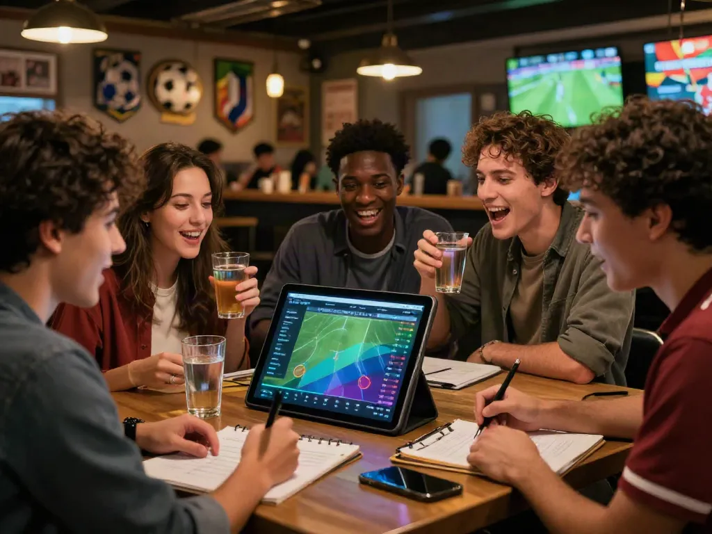 Friends analyzing soccer statistics on a tablet at WWBOLA sports bar, showcasing the excitement of betting.