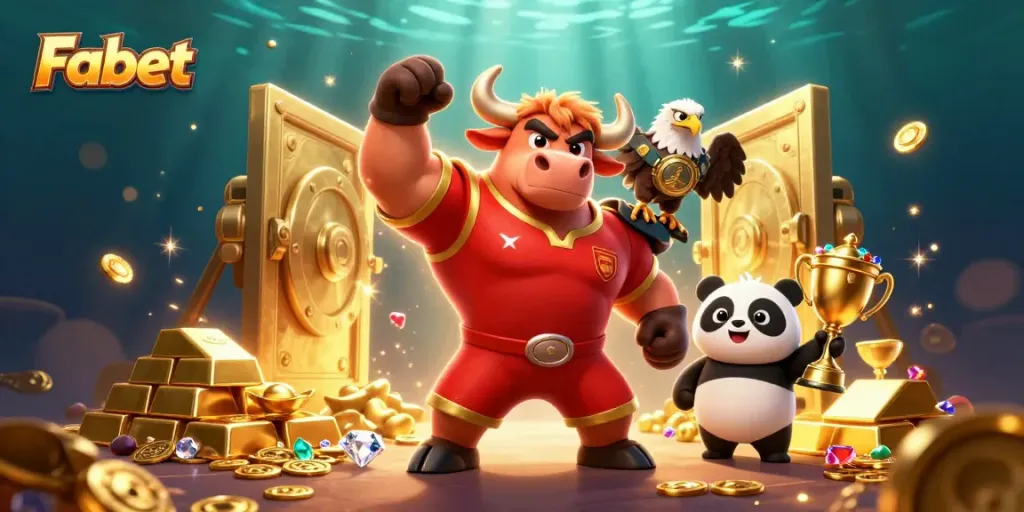 Experience Fabet's excitement with a victorious bull, eagle, and trophy in a vibrant casino scene.