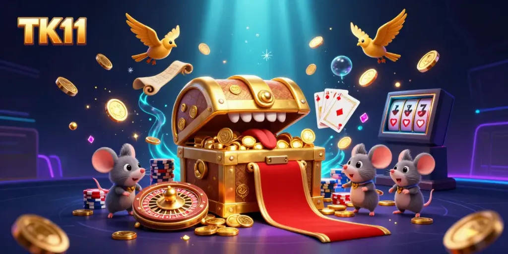 Experience the thrill of TK11 with vibrant 3D elements showcasing a treasure chest and dynamic gaming symbols.