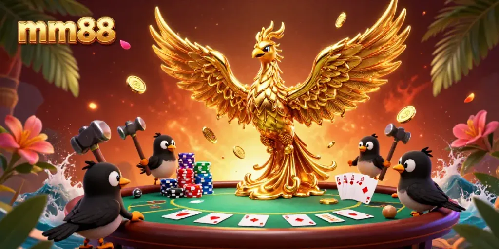 Experience exhilarating gameplay with mm88 at a vibrant poker table surrounded by a molten gold phoenix.
