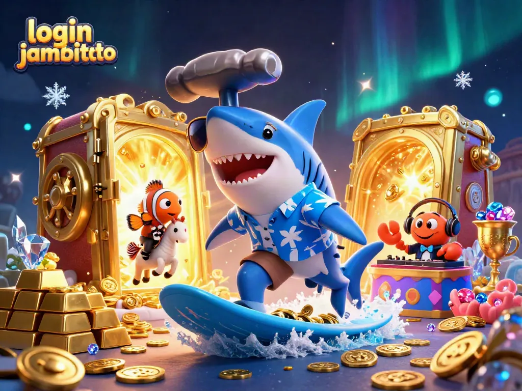 Play and win big at login jambitoto with a fun casino-themed scene featuring a shark and gold coins.