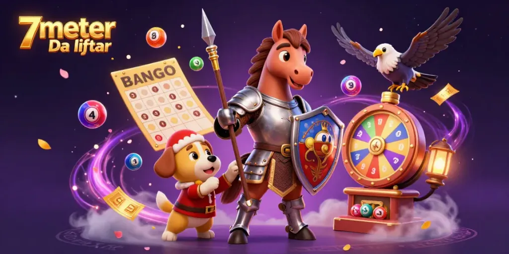 Engage with 7meter Daftar gaming action featuring knights, lottery balls, and a dynamic prize wheel.