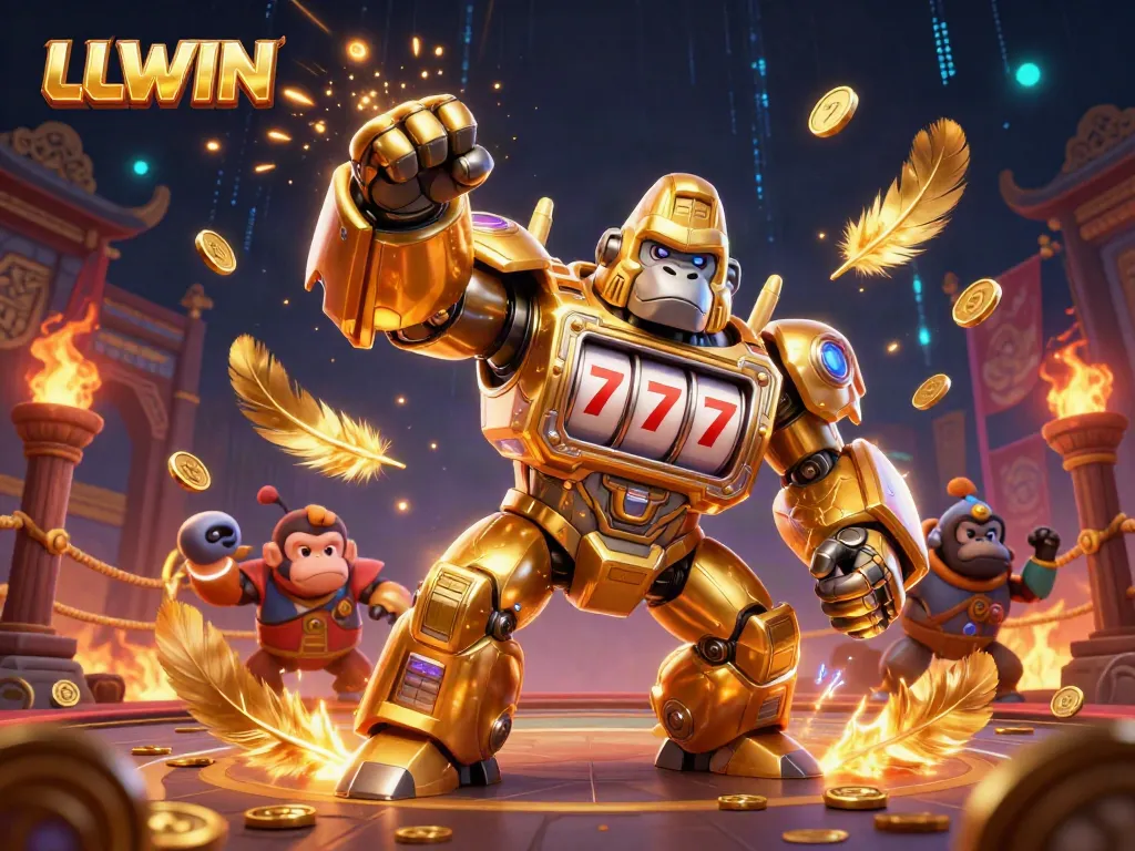 Experience action-packed gaming with LLWIN's golden gorilla mech bursting with coins and vibrant casino elements.