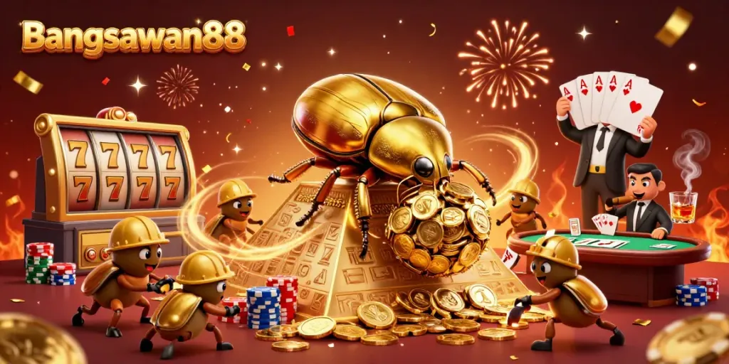 Bangsawan88 presents a vibrant representation of a casino scene with a golden dung beetle rolling coins, encapsulating excitement in online gambling.