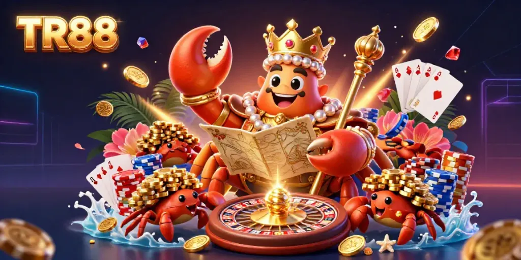 Experience TR88 royalty with a golden crab emperor amidst cascading winnings in this vibrant casino illustration.