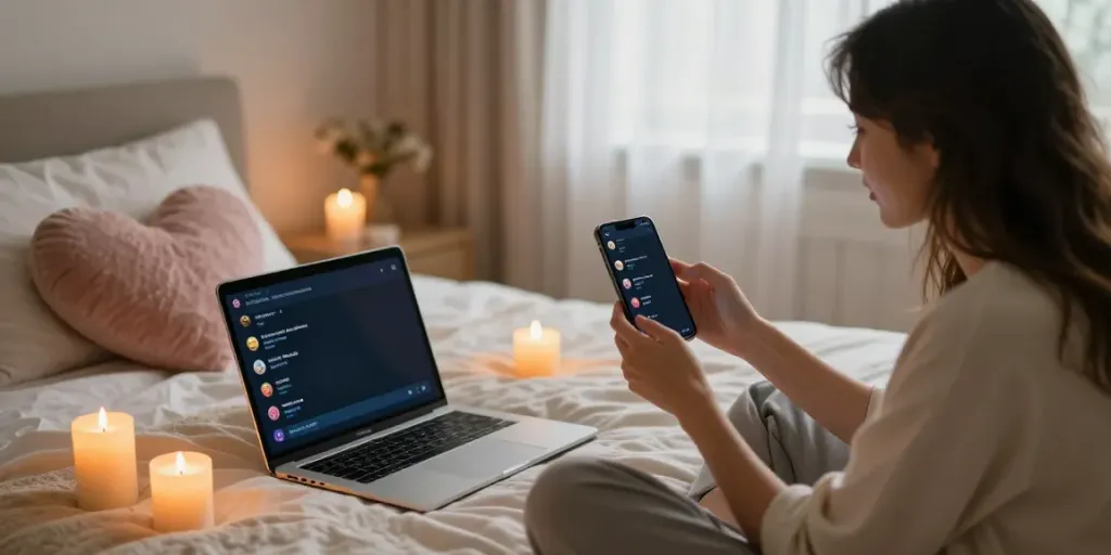 A cozy setting for ai sex chat featuring warm lighting, a person engaged with a smartphone, and romantic decor.
