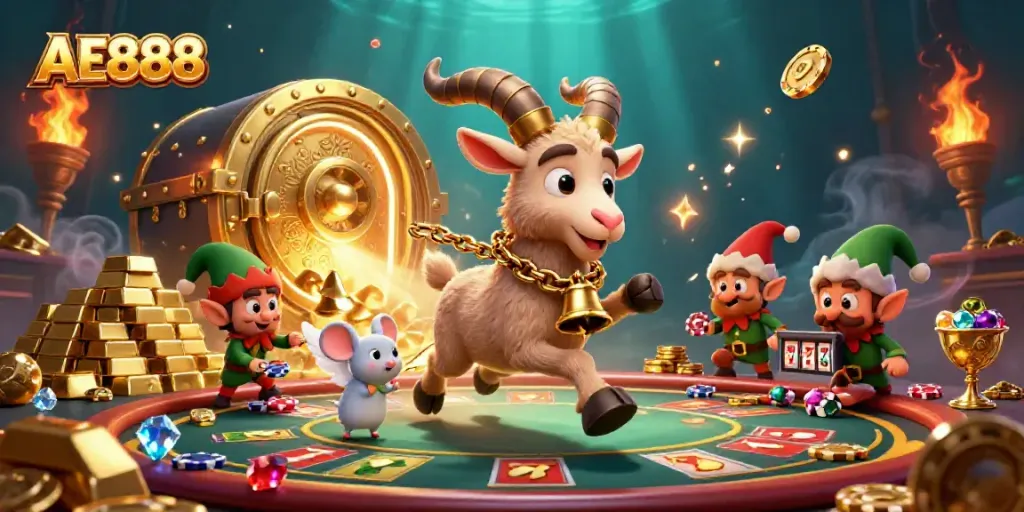 Experience the thrill of AE888 as festive characters engage in thrilling casino games amidst treasure.
