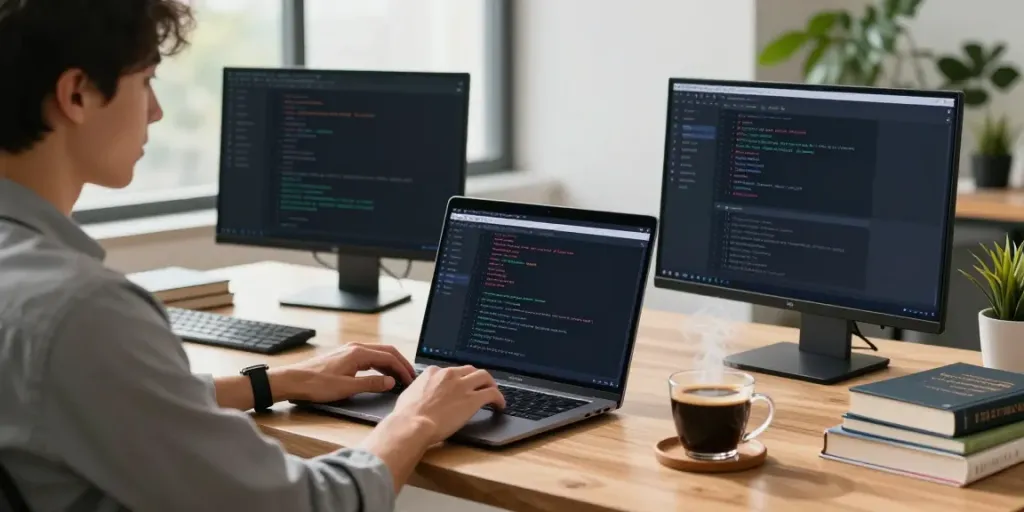 Focused developer at a modern desk coding APKs with vibrant plants.